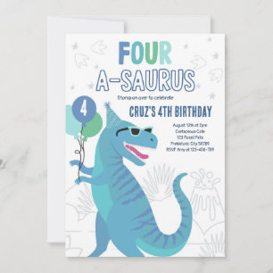 Dinosaur Four A-Saurus 4. Geburtstags-Party T-Rex Einladung