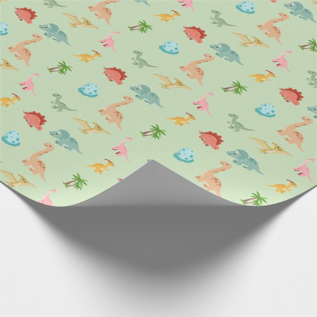 Dinosaur Freunde Geschenkpapier – Salbeigrün (Ecke)