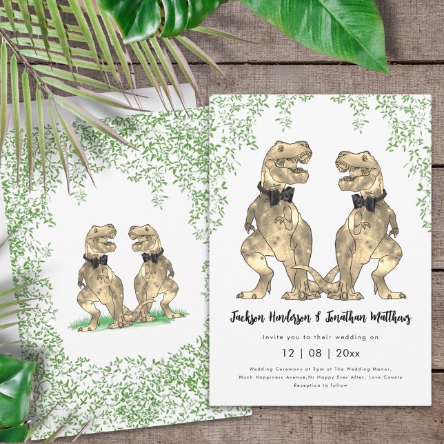 Dinosaur Gay Wedding T-Rex zwei Grooms Einladung (Dinosaur gay wedding two grooms watercolor dino wedding save the date invitation)