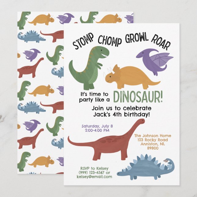 Dinosaur Geburts Einladung (Vorne/Hinten)