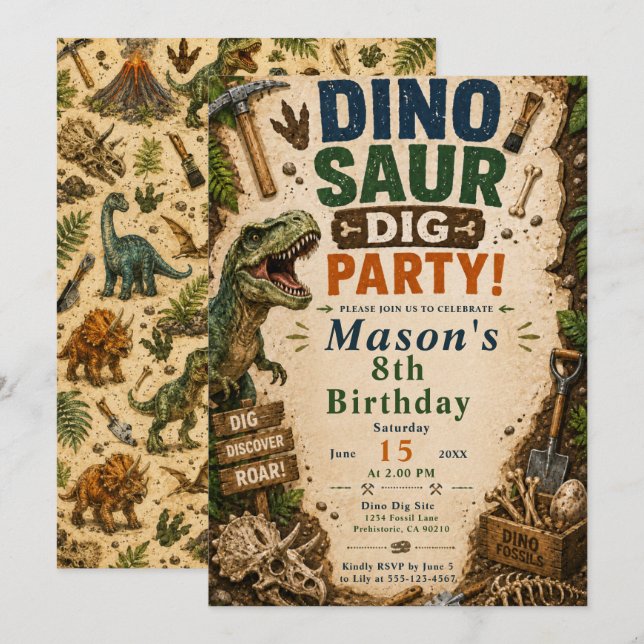 Dinosaur-Geburtstag-Ausgrabung Einladung (Vorne/Hinten)