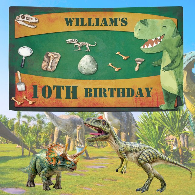 Dinosaur Geburtstagsbanner Banner (Dinosaur themed birthday party for any age. Personalized with name, age and event. Stomp and roar)