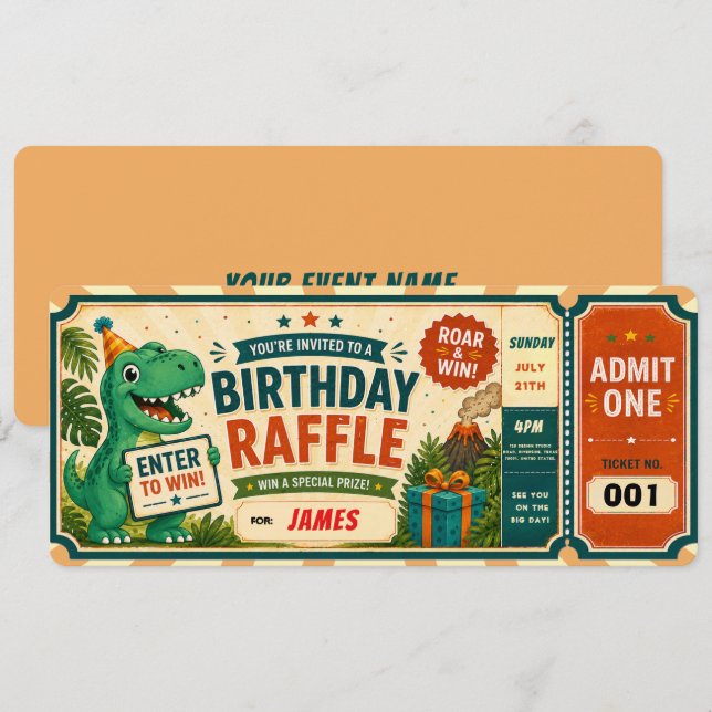 Dinosaur Geburtstagslotterie-Ticket Einladung (Vorne/Hinten)