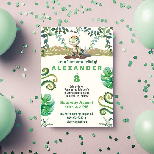 Dinosaur Geburtstagsparty Einladung (Have a Roar-some Birthday boy dinosaur invitation with green accents)