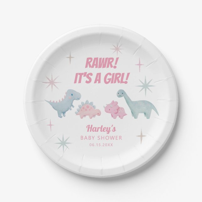 Dinosaur Girl Baby Dusche Pink Pappteller (Vorderseite)