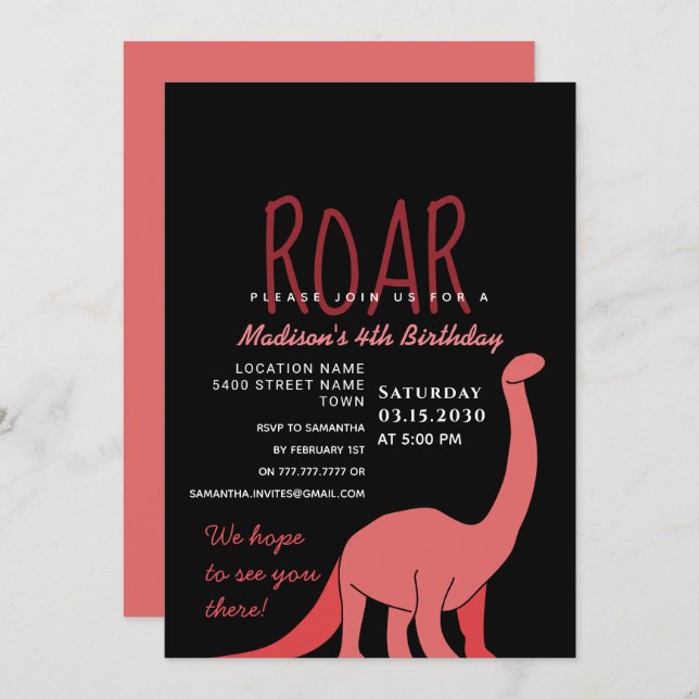 Dinosaur Girl Birthday Einladung (Vorne/Hinten)