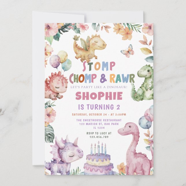 Dinosaur Girl Dino Birthday Party Einladung (Vorderseite)