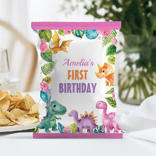 Dinosaur Girl First Birthday Chip Bag Wrapper Flyer