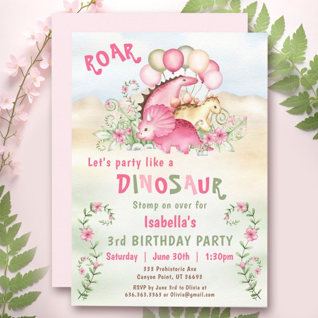 Dinosaur Girl Pink Pastel Niedlich Floral 1. Gebur Einladung (Dinosaur Girl Pink Pastel Cute Floral 1st Birthday Invitation)