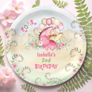 Dinosaur Girl Pink Pastel Niedlich Floral 2. Gebur Pappteller