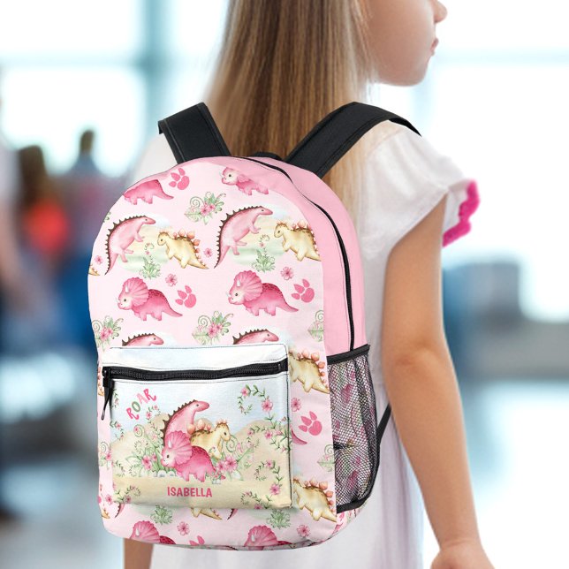 Dinosaur Girl Pink Pastell Niedlich Name Bedruckter Rucksack (Dinosaur Girl Pink Pastel Cute Floral Name Printed Backpack)