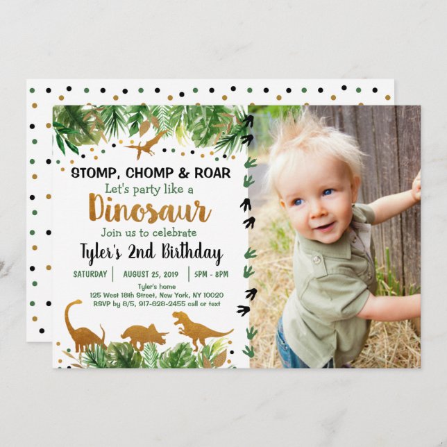 Dinosaur Green & Gold Safari Geburtstag Einladung (Vorne/Hinten)