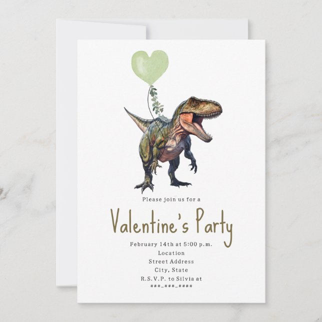 Dinosaur Green Heart Valentine's Party Einladung (Vorderseite)