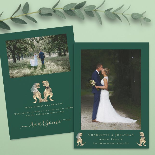 Dinosaur Green Wedding Foto Vielen Dank Dankeskarte (Dinosaur wedding photo thank you card funny T-Rex dino bride & groom elegant modern script green)