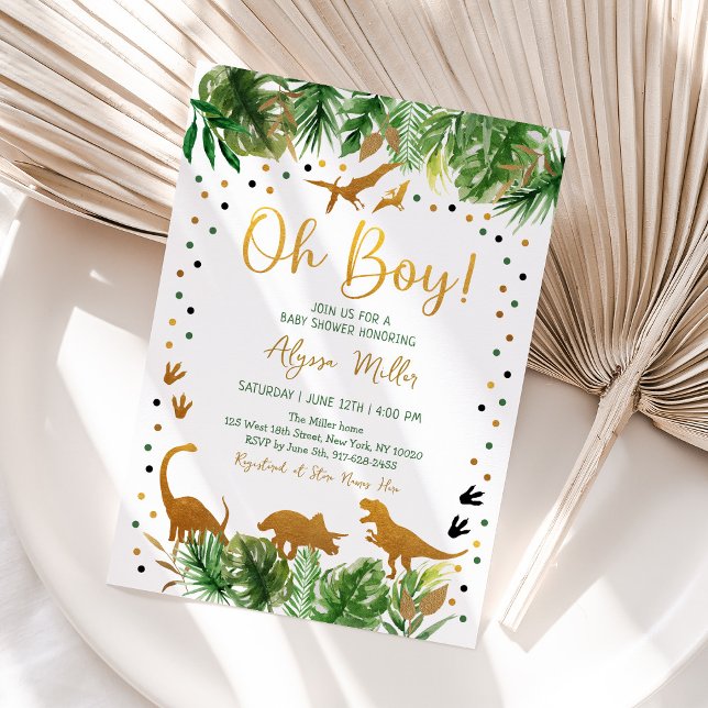 Dinosaur Greenery Gold Baby Shower Einladung (Von Creator hochgeladen)