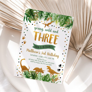 Dinosaur Greenery Gold Dritter Geburtstag Einladung