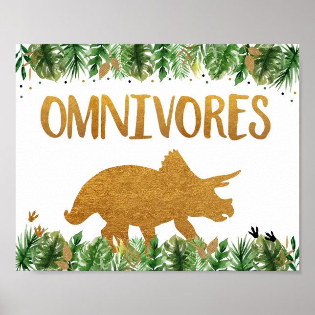 Dinosaur Greenery Gold Omnivores Birthday Sign Poster (Vorne)