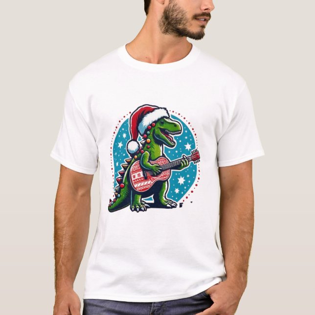 Dinosaur Guitar Player Xmas Sonntag T-Shirt (Vorderseite)
