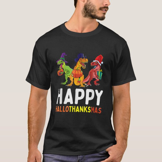 Dinosaur Halloween Thanksgiving Christmas HalloTha T-Shirt (Vorderseite)