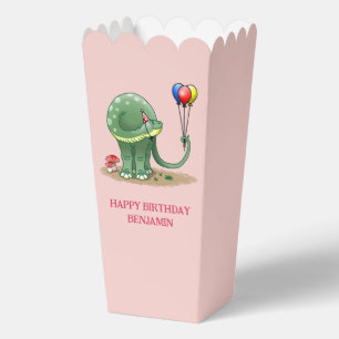 Dinosaur hält bunte Luftballons Popcorn Geschenkschachtel