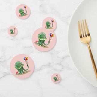 Dinosaur hält farbenfrohe Geburtstagsballons Konfetti