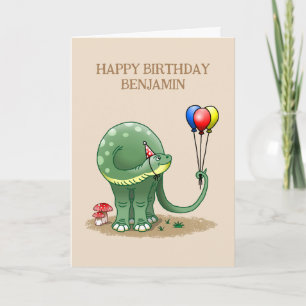 Dinosaur hält Luftballons zum Geburtstag Karte