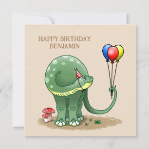Dinosaur hält Luftballons zum Geburtstag Karte
