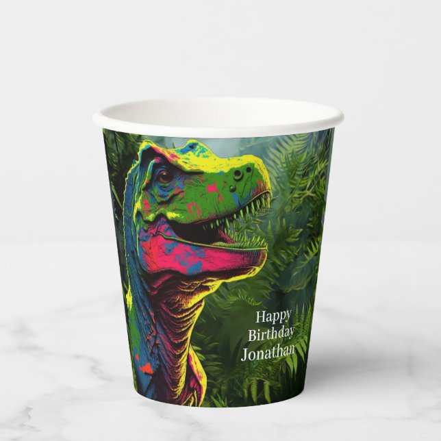 Dinosaur Happy Birthday Jungle Pink Paper Cups Pappbecher (Vorderseite)