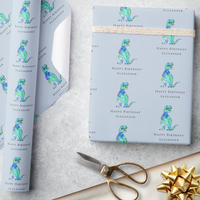 Dinosaur Happy Birthday Personalisiert Boy Blue Geschenkpapier (dinosaur happy birthday personalized boy name funny T-Rex blue gift wrapping paper Colorful modern)