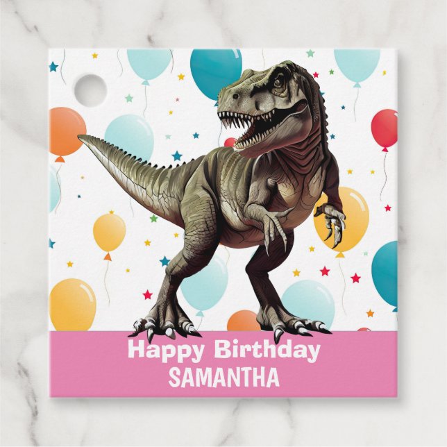 Dinosaur Happy Birthday Pink Geschenkanhänger (Vorderseite)