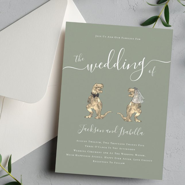 Dinosaur-Hochzeit Boho Salbeigrün Einladung (Whimsical boho Dinosaur T-Rex bride and groom elegant sage green wedding invitation )