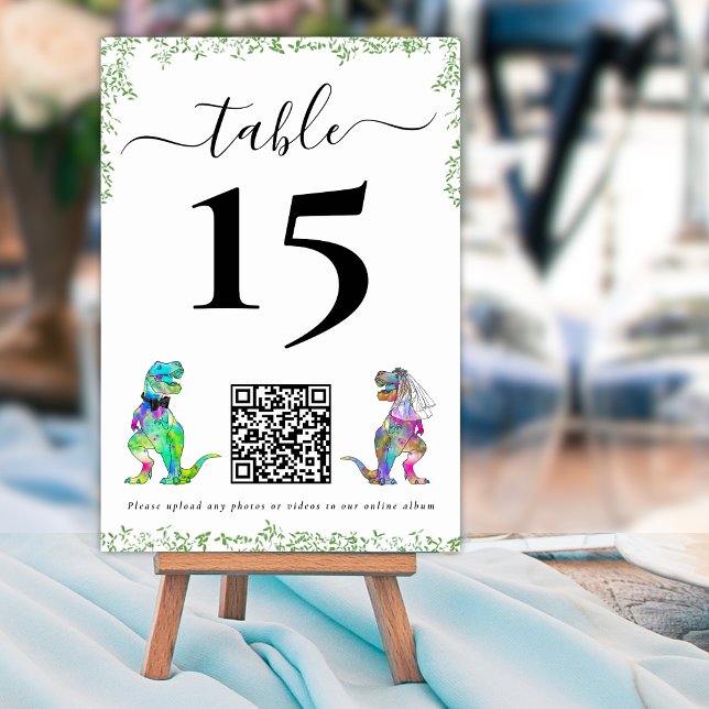 Dinosaur-Hochzeit QR-Code-Tischnummer Tischnummer (Dinosaur bride and groom custom wedding qr code table number card watercolor foliage)