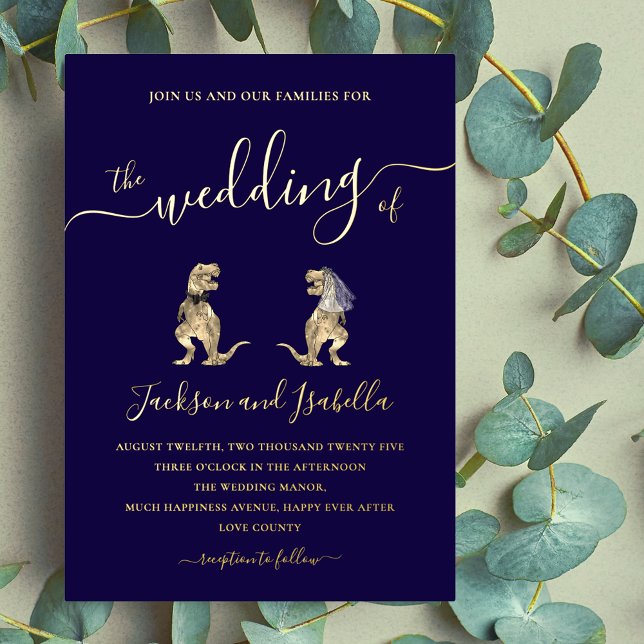 Dinosaur Hochzeit T-Rex Braut und Groom Blue Gold Folieneinladung (Dinosaur wedding t-Rex bride and groom navy blue and elegant gold foil script wedding invitation )