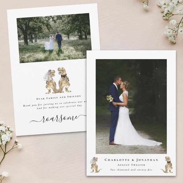 Dinosaur Hochzeitsfoto Danke (Dinosaur theme wedding thank you photo card Funny T-Rex dino bride and groom elegant modern script)