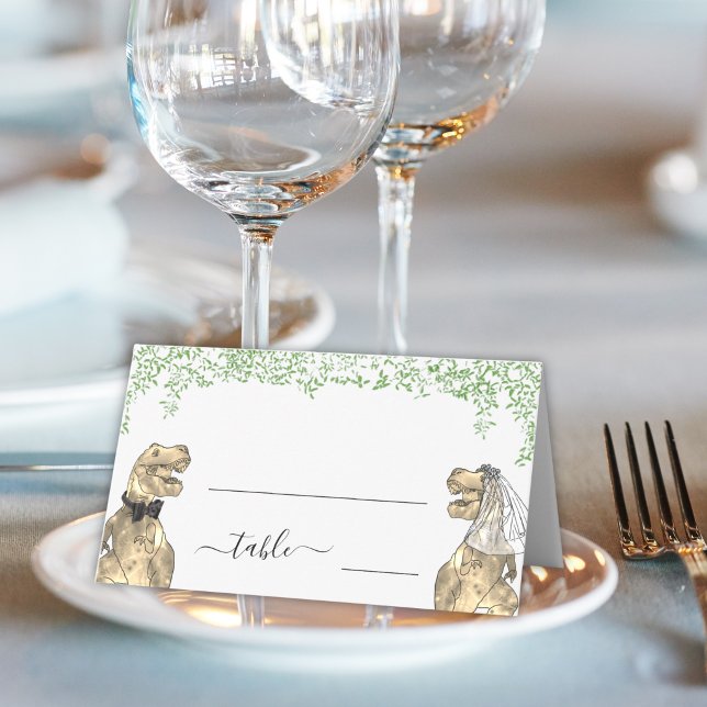 Dinosaur Hochzeitsgast Name Platzkarte (Dinosaur wedding table guest name place cards watercolor eucalyptus foliage fun T-Rex bride & groom)