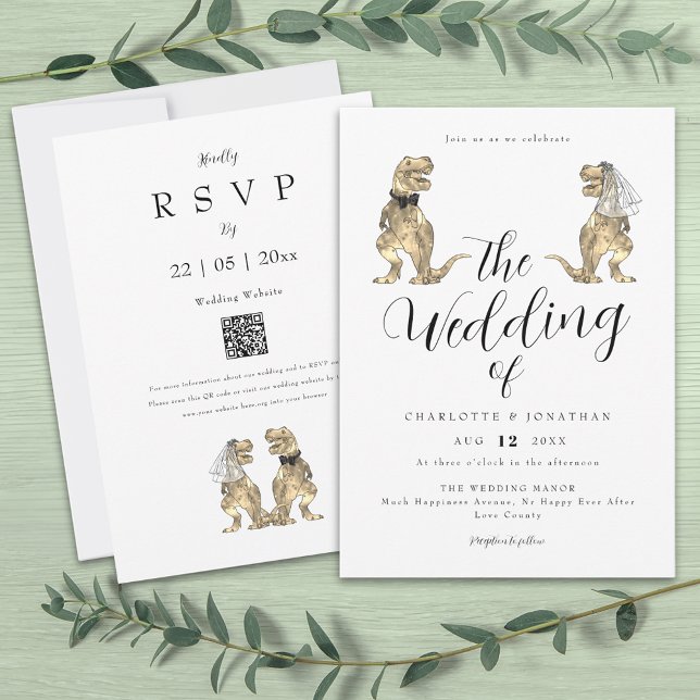 Dinosaur-Hochzeitsthema Einladung (Dinosaur theme wedding invitation funny T-Rex dino bride and groom modern elegant script )