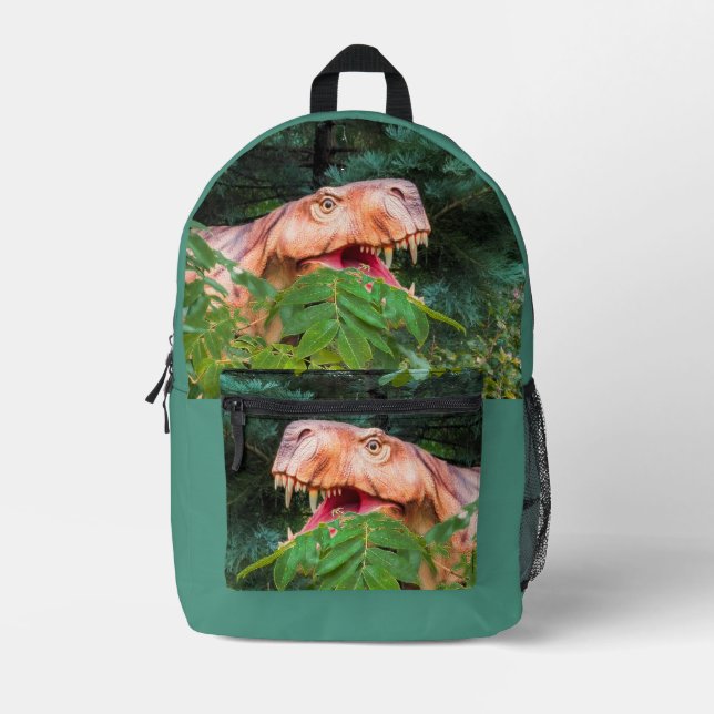 Dinosaur im Wald.  Bedruckter Rucksack (Vorderseite)