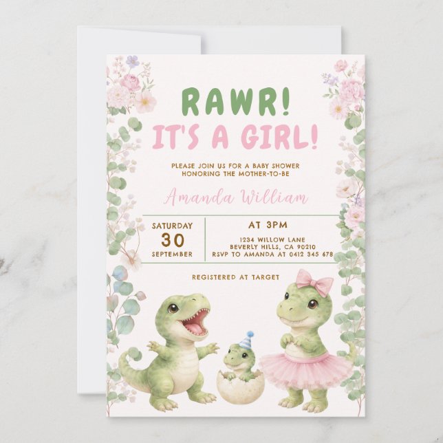 Dinosaur It's a Girl Dinosaur Baby Shower Einladung (Vorderseite)