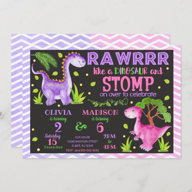 Dinosaur Joint Birthday Einladung für Mädchen (Vorne/Hinten)