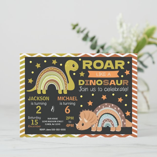 Dinosaur Joint Birthday Invitation for Siblings Einladung (Stehend Vorderseite)