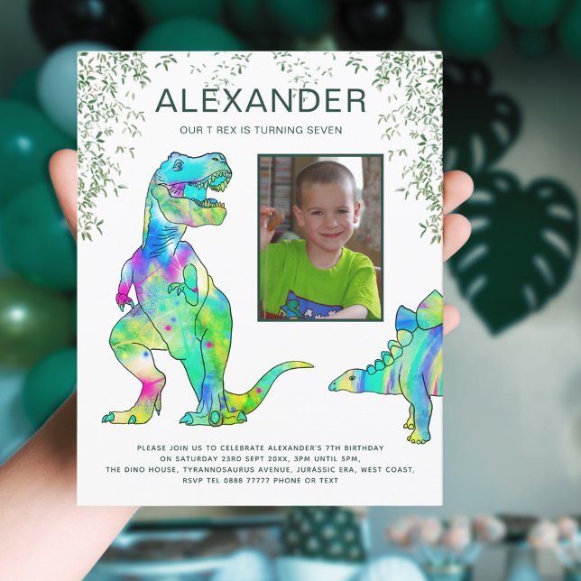 Dinosaur Jungle T Rex Roar Geburtstagsparty (Dinosaur T-Rex jungle 7th birthday party invitation with photo template)