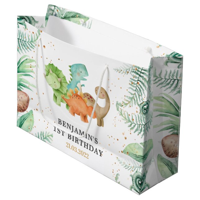 Dinosaur Jurassic Birthday Party Große Geschenktüte (Vorderseite Schrägansicht)
