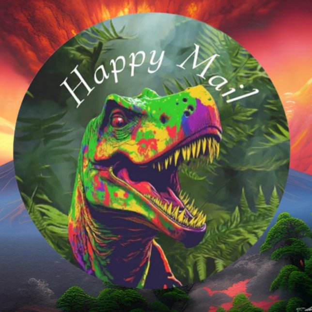Dinosaur Jurassic Jungle Happy Mail Runder Aufkleber (Bring your dream party to life with our selection of quality Dinosaur themed party supplies )