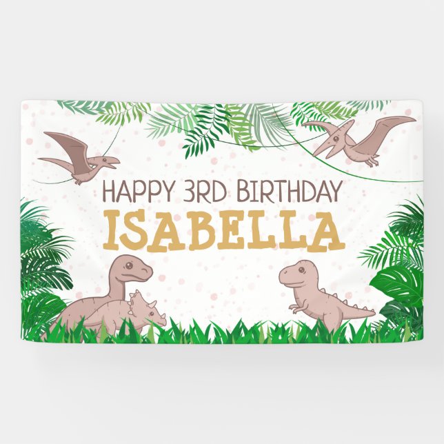 Dinosaur Kids Dino Jurassic Trex Girl Geburtstag Banner (Horizontal)