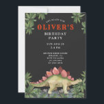 Dinosaur Kids Einladung zum Geburtstag<br><div class="desc">Eine Dinosaurier-Geburtstagsfeier mit einem Dinosaurier,  der von uralten Palmen-Blätter umgeben ist. Eine Szene aus der Anfangszeit,  mit farbiger Typografie in grün rot und weiß auf schwarzem Hintergrund. Schwarz auf der Rückseite der Einladung.</div>