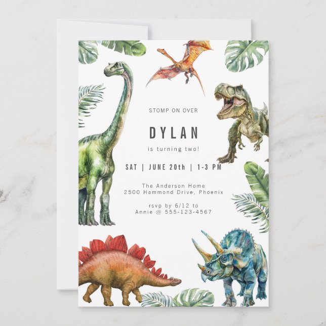 Dinosaur Kids Watercolor Birthday Invitation Einladung (Vorderseite)