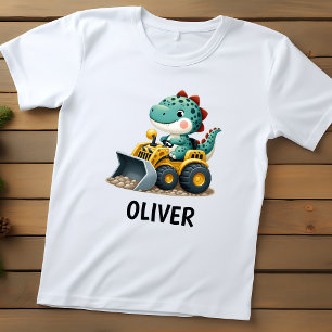 Dinosaur-Kind auf gelbem Baustellenfahrzeug Baby T-shirt