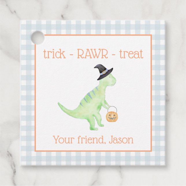 Dinosaur Leckerei Rawr Blue Orange Halloween Kinde Geschenkanhänger (Vorderseite)