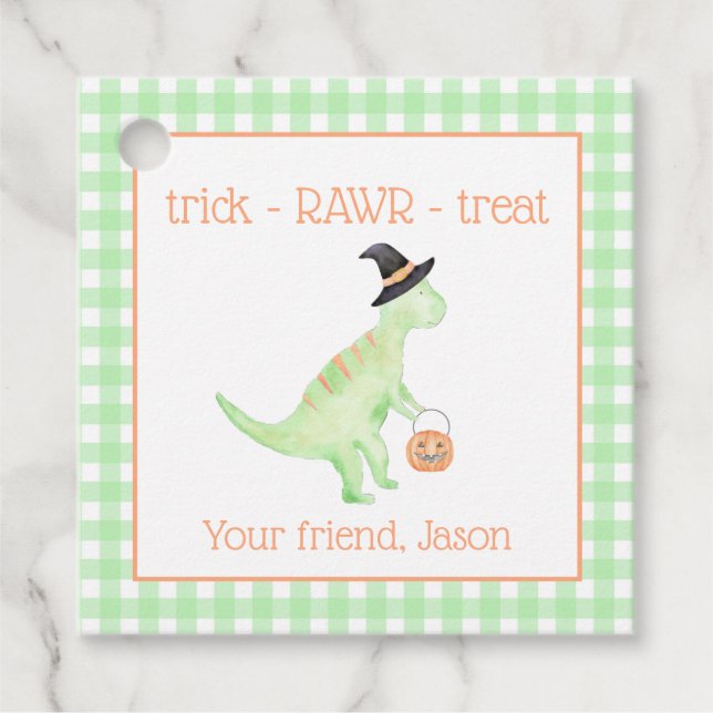 Dinosaur Leckerei Rawr Green Orange Halloween Kind Geschenkanhänger (Vorderseite)