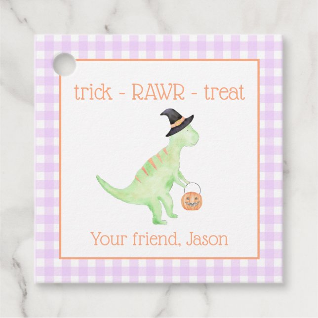 Dinosaur Leckerei Rawr Lila Orange Halloween Kinde Geschenkanhänger (Vorderseite)